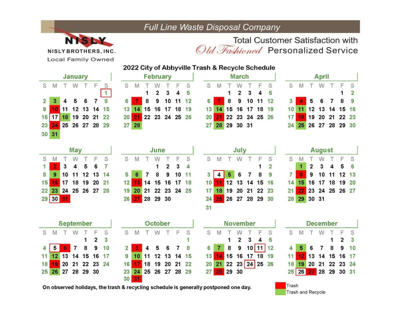Kansas Schedule S 2022 Schedule For Trash Service In Abbyville, Ks | Nisly Brothers