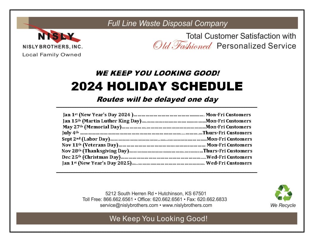 Holiday Pickup Schedule Nisly Brothers